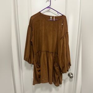 Free People Suede Like Puff Sleeve Dress Brown Women’s XL Boho